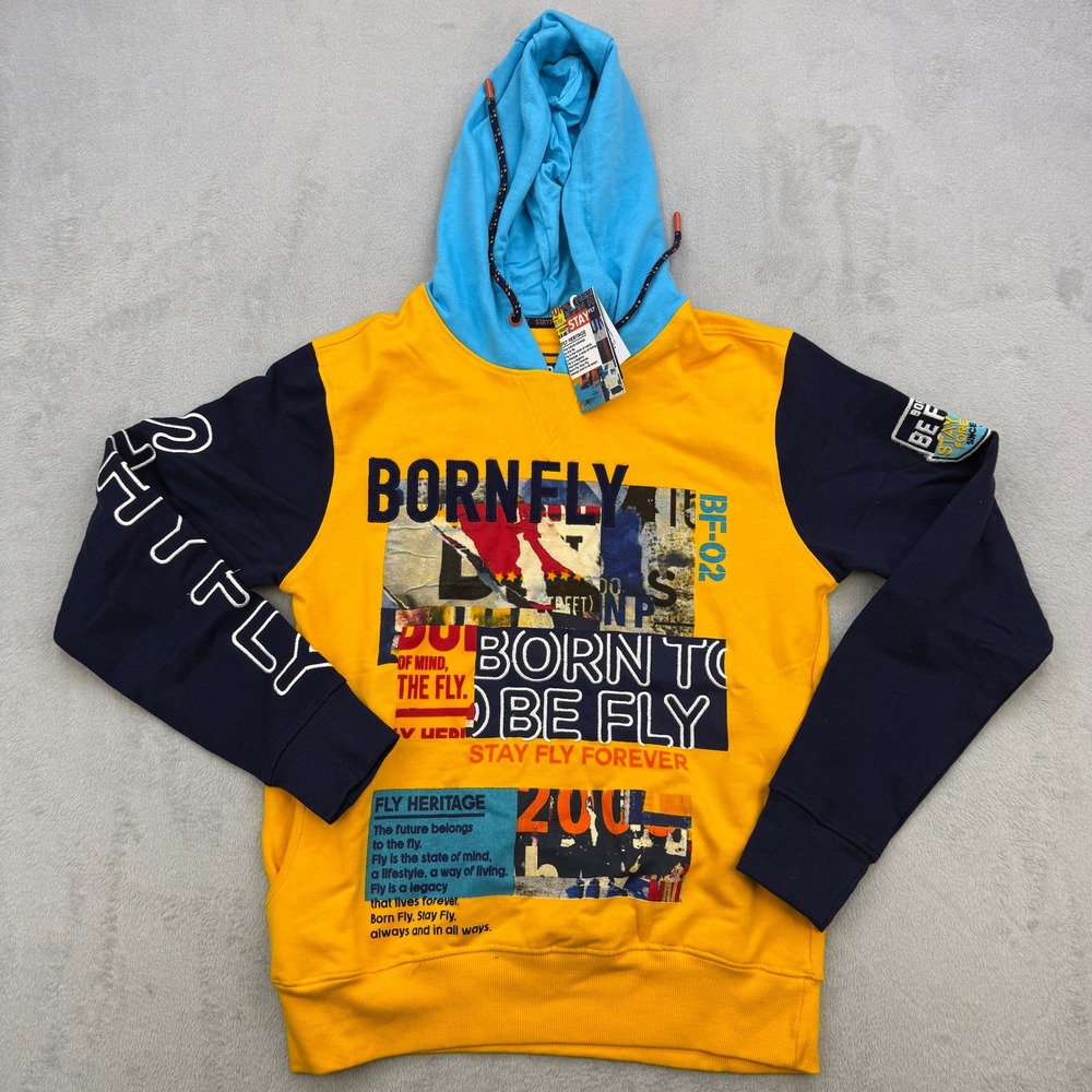 Born Fly Hoodie Mens Small Yellow Blue Graphic Born To Be Fly Streetwear Y2K